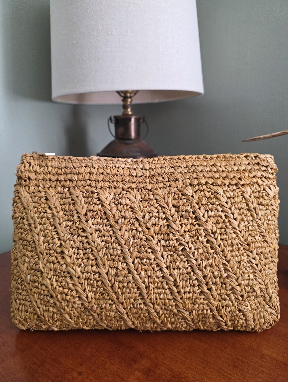 AERIN Allegra Raffia Pouch Tan Woven Chevron Clutch Bag - Picture 2 of 15